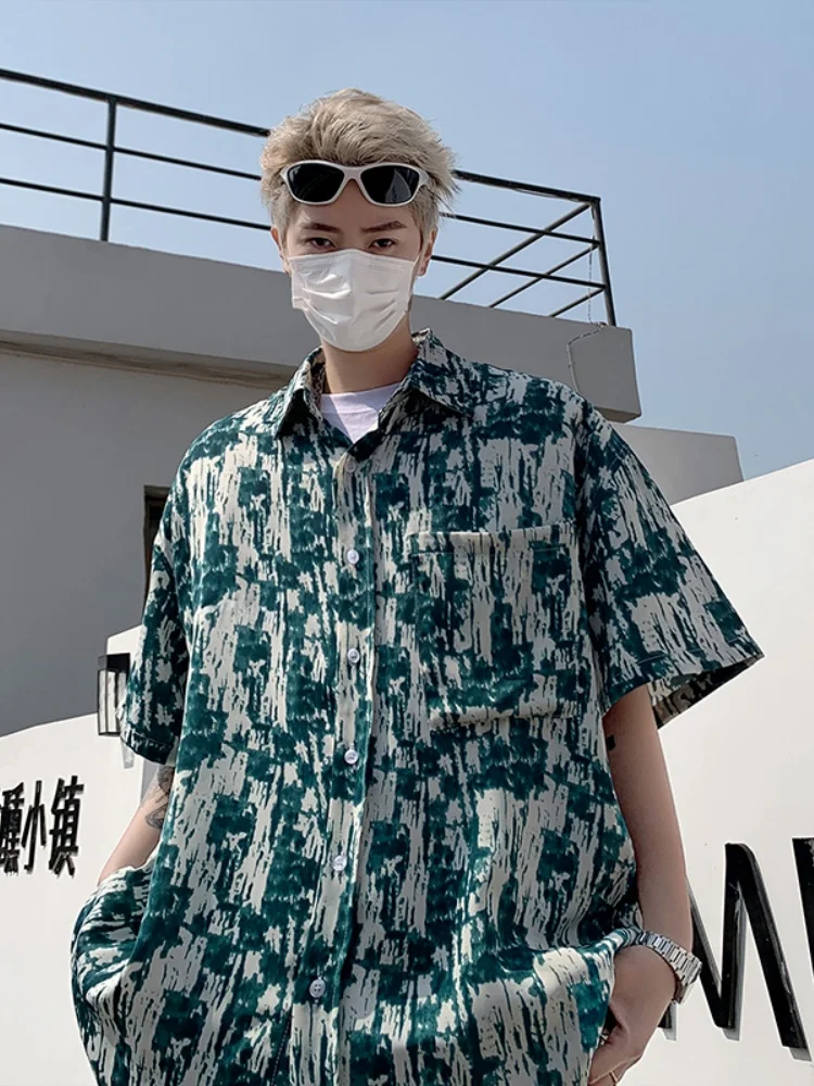 

Vintage Men's Summer Shirt Ice Silk Short Sleeve Loose Fit Printed Dyeing Hanging Feeling Cool Sensation Youth Fashion Thin