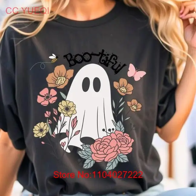 Boo Tiful Ghost with Flowers Butterflies T Shirt Halloween Spooky Season Fall Women Pumpkin Fun Holiday Celebrate Birthday