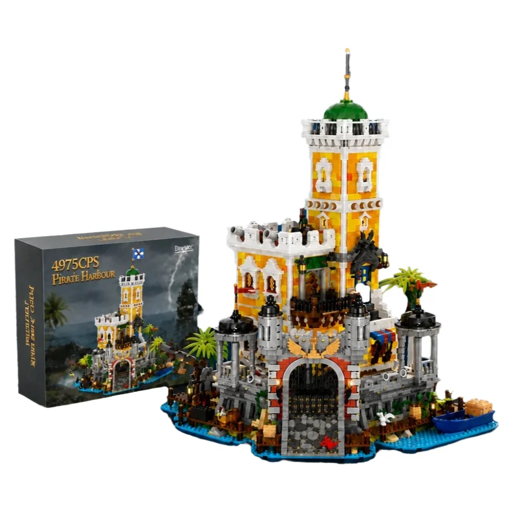 Piratenhafen Mittelalterliche Burg Beleuchtete Bausteine Retro-Straßenansicht Modulares Montagemodell Sammlerstück Kreatives Erwachsenen-Geschenk 4975 Teile