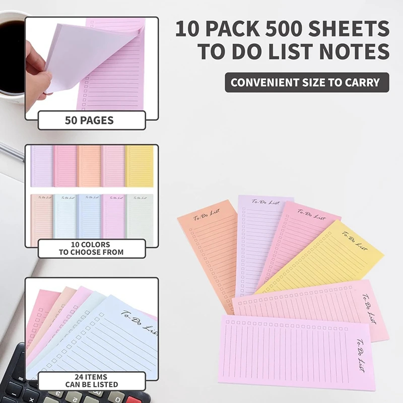 10 PCS To Do List Sticky Notes Bloc de notas diario 8,5X3,7 pulgadas, 500 hojas, colores surtidos, forrado