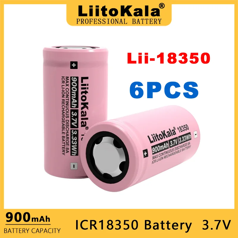 6PCS Liitokala ICR 18350 Power Rechargeable Lithium Battery 900mAh 3.7V 8A Suitable For Electronic Cigarette Lamps