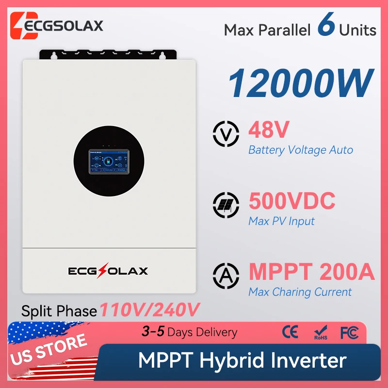 

ECGSOLAX 12KW Hybrid Solar Inverter 48V 110V/240V With MPPT 200A Charging Controller Solar Inverter Max PV 500V