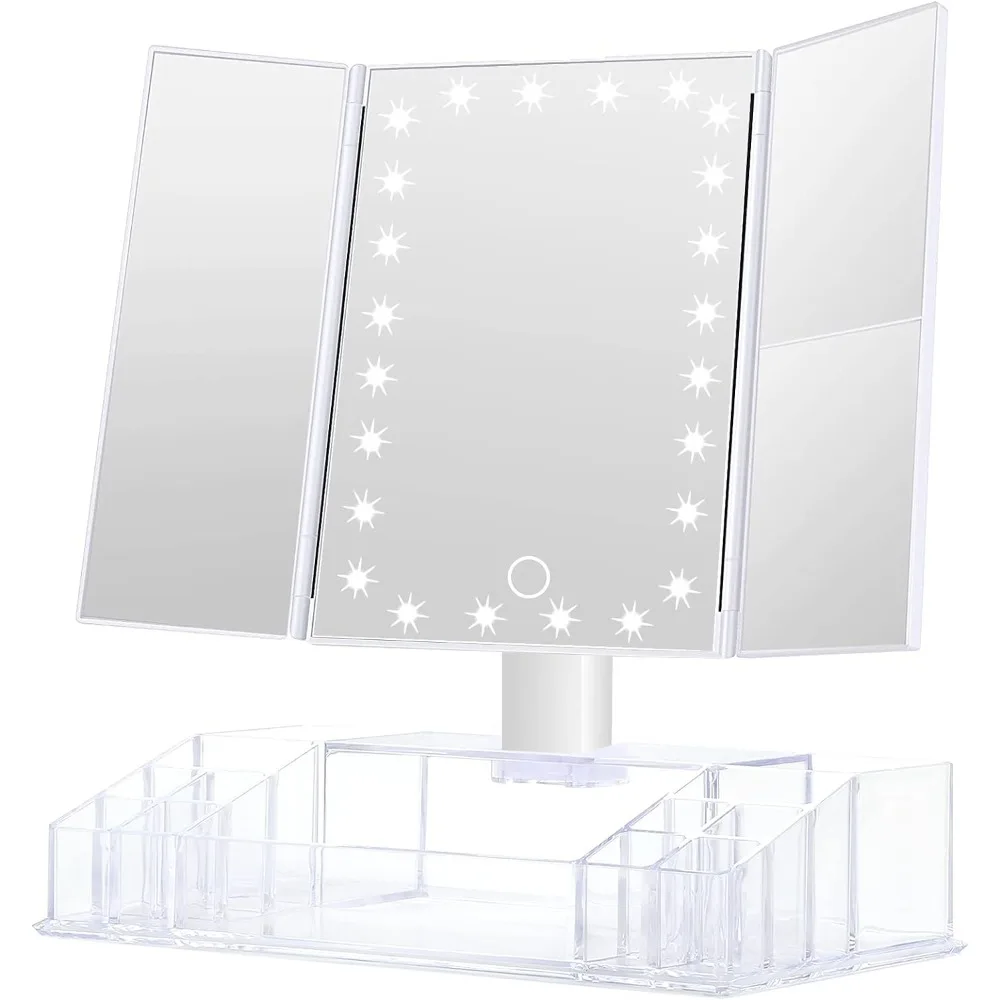 

Makeup Mirror with Lights and Storage - 3x/2x Magnification, Tri-Fold Cosmetic Vanity Mirror with 24 Led Light, Touch Screen