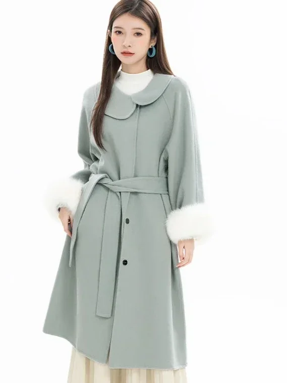 2025 Autumn/Winter New Women's Woolen Coat Loose Collar Strap Woolen Coat