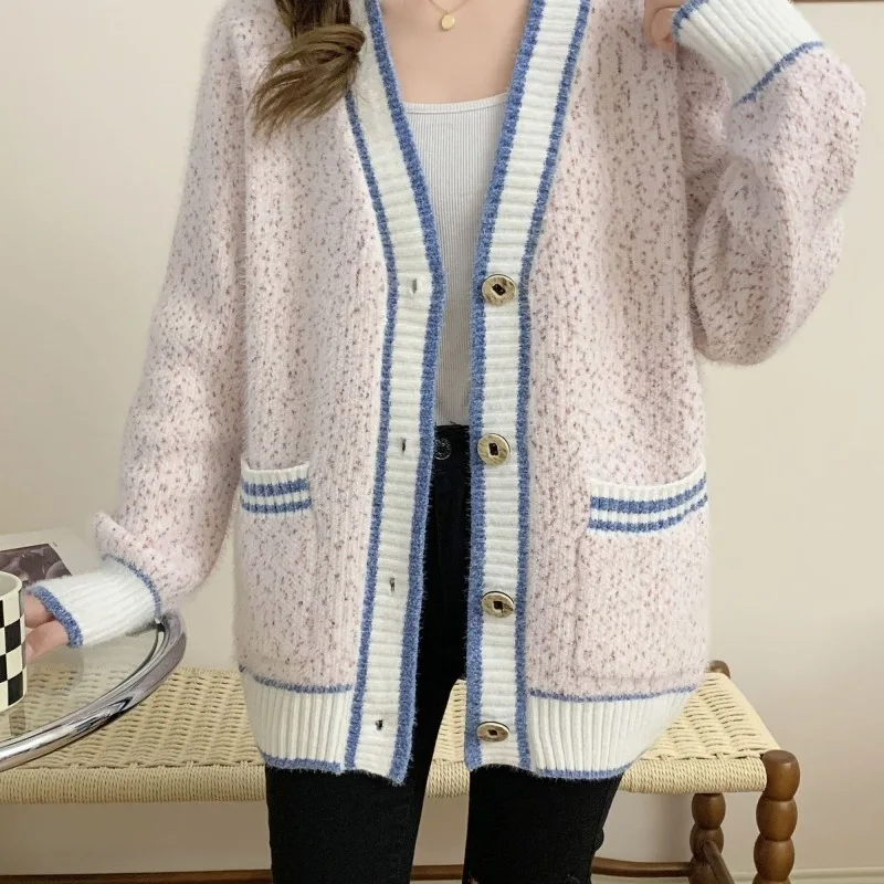 Women\'s V-neck Cardigan Button Striped Pocket Knitted Sweater Autumn and Winter Korean Loose Sweater Long Sleeved Fashion Coat