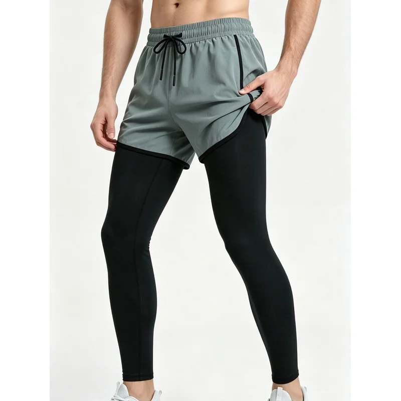 Fitness Pants Ice Silk Quick Drying Woman Fitness Fake Two-Piece Sports Men's Marathon Running Training Football Man Gym Gift