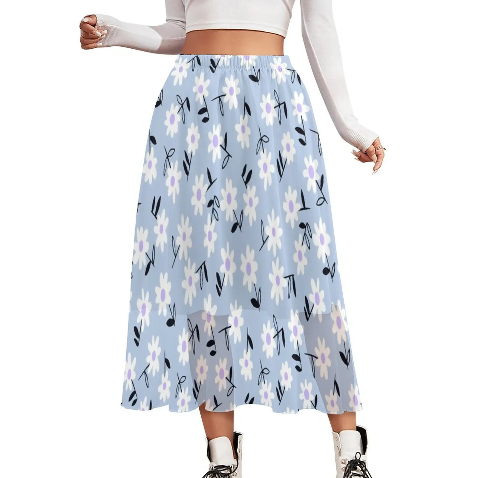 Daisies Flowers Skirt Ladies White Floral Print Beach Long Skirts Design Elastic Waist Street Style A-line Skirt Big Size 3XL