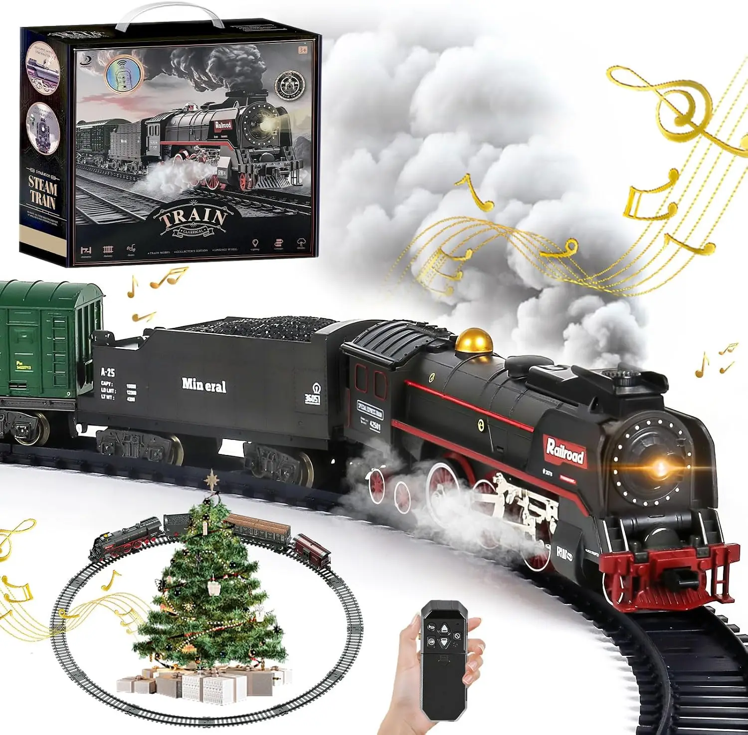 Christmas Electric Train Set Smoke Lights Sound Remote Control USB Rechargeable Track Gifts Kids 3+