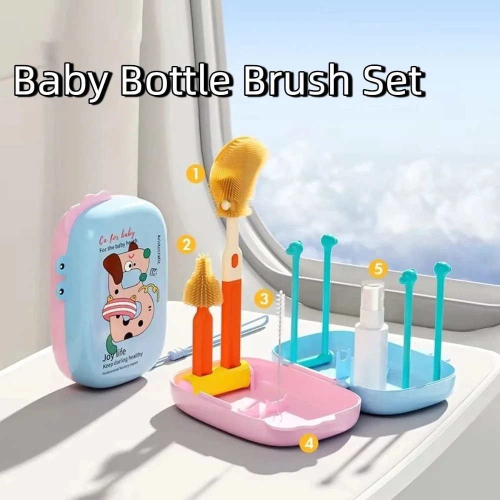 

5-in-1 Baby Bottle Brush Set Built-in Drain Rack Drying Rack Nipple Straw Cleaning Brush Space Saving Portable Cup Brush