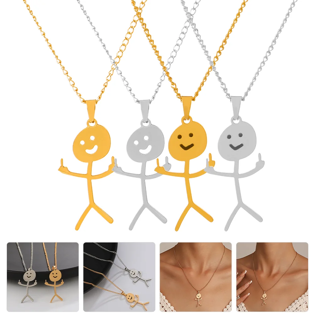 4 Pcs 02 White K9101 Funny Necklace Pendant Necklaces Taste Matchstick Doodle for Women Stainless Steel Gold