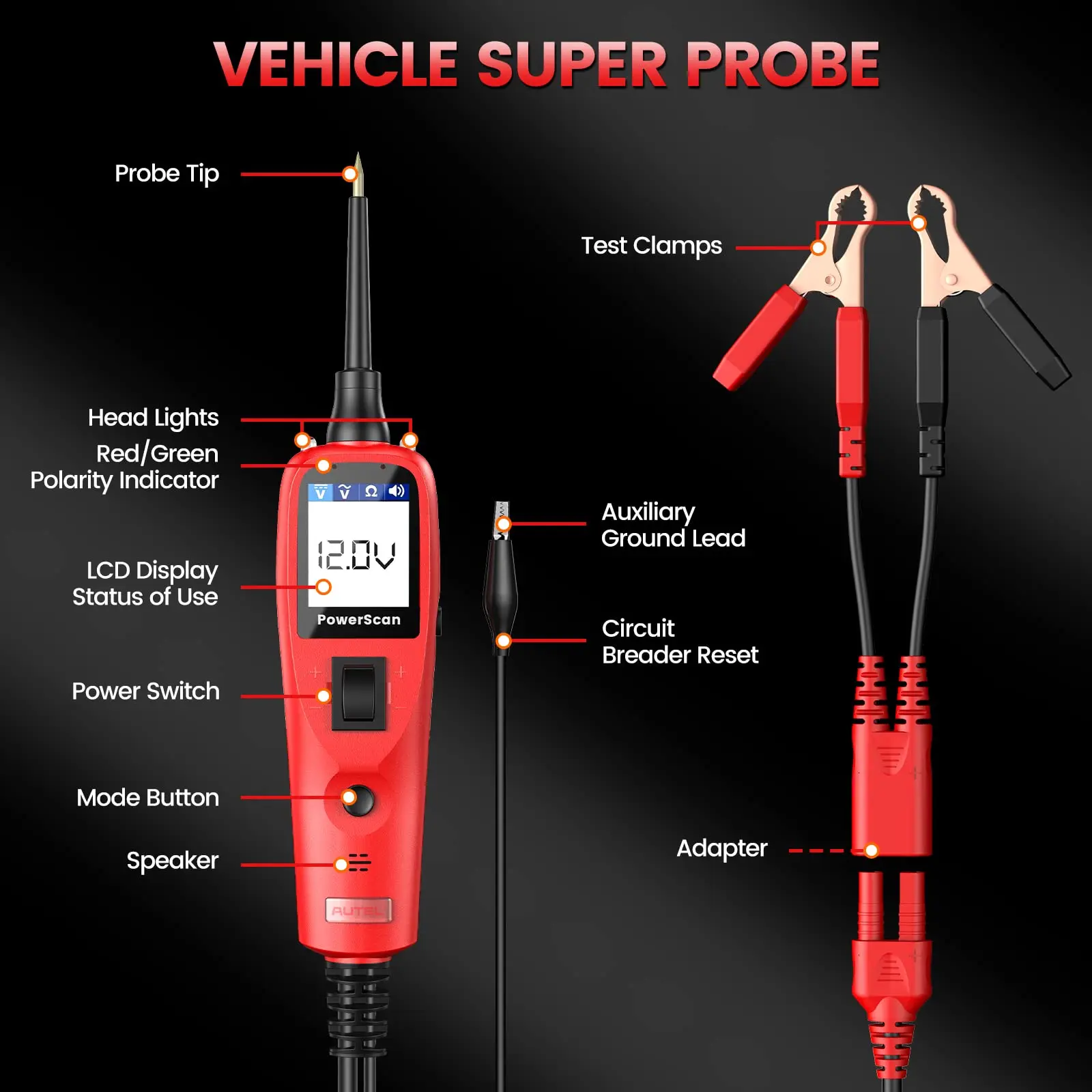 Autel PS100 Power Circuit Probe Tester Automotive 12V 24V Electrical System Diagnostic Power Scan Tool Read Digital Volt Meter