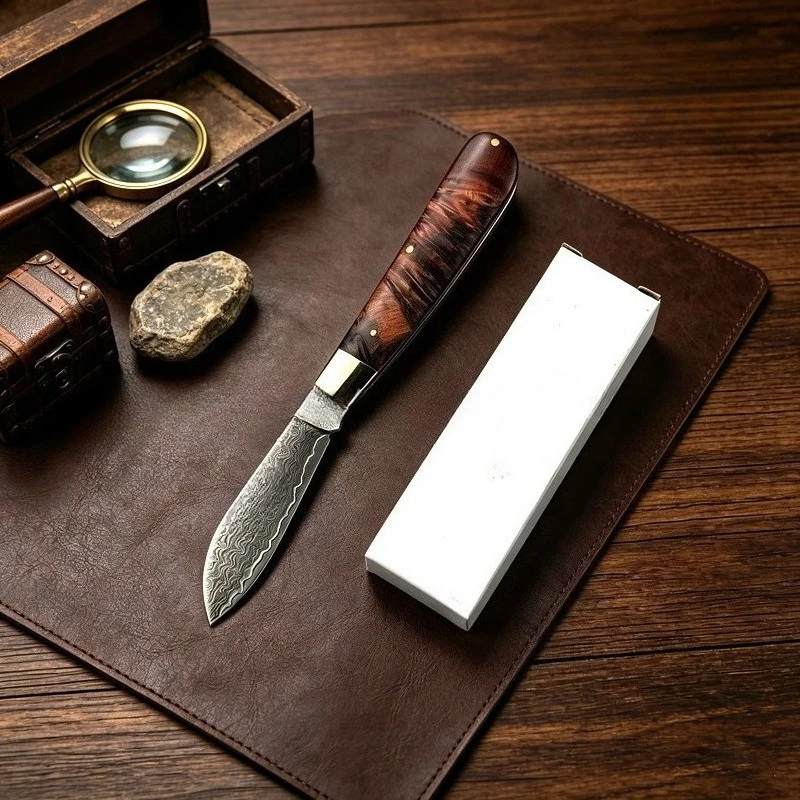 

High-quality Damascus Steel Folding Knife Copper Head Stable Wooden Handle High Hardness Portable Fruit Knife Outdoor Camping