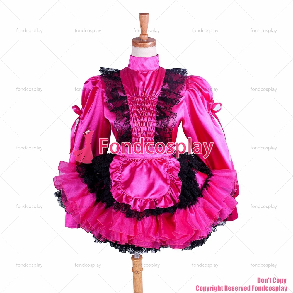 fondcosplay adult sexy cross dressing sissy maid short Lockable Uniform Hot Pink Satin lace Dress Costume CD/TV[G1408]