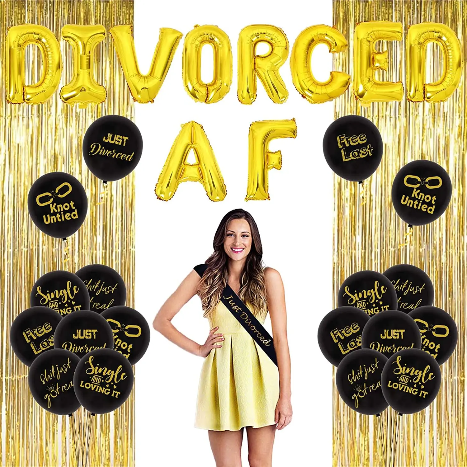 

Funmemoir Divorce Party Decorations Supplies Black and Gold DIVORCED AF Balloons Banner Just Divorced Sash Gold Fringe Curtain