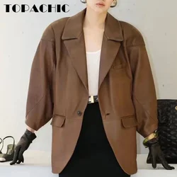 7.13 TOPACHIC Women Vintage Sheepskin Brown Blazer Single Button Spliced Long Sleeve Loose Genuine Leather Mid-Leng Jacket