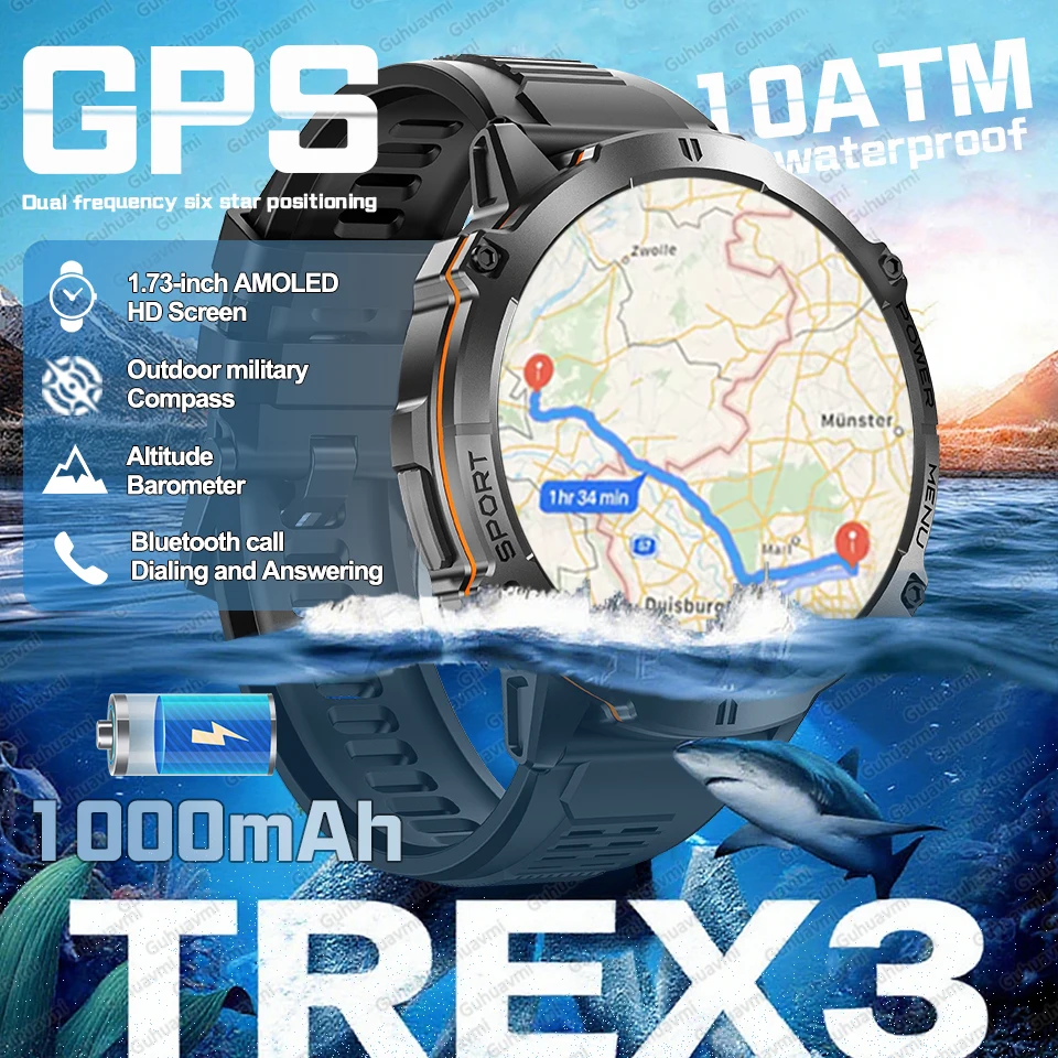 

T-Rex 3 Outdoor Sport Smartwatch 1000mAh battery 1.73 AMOLED Screen Men GPS Compass 10ATM Waterproof Bluetooth call Smart Watch