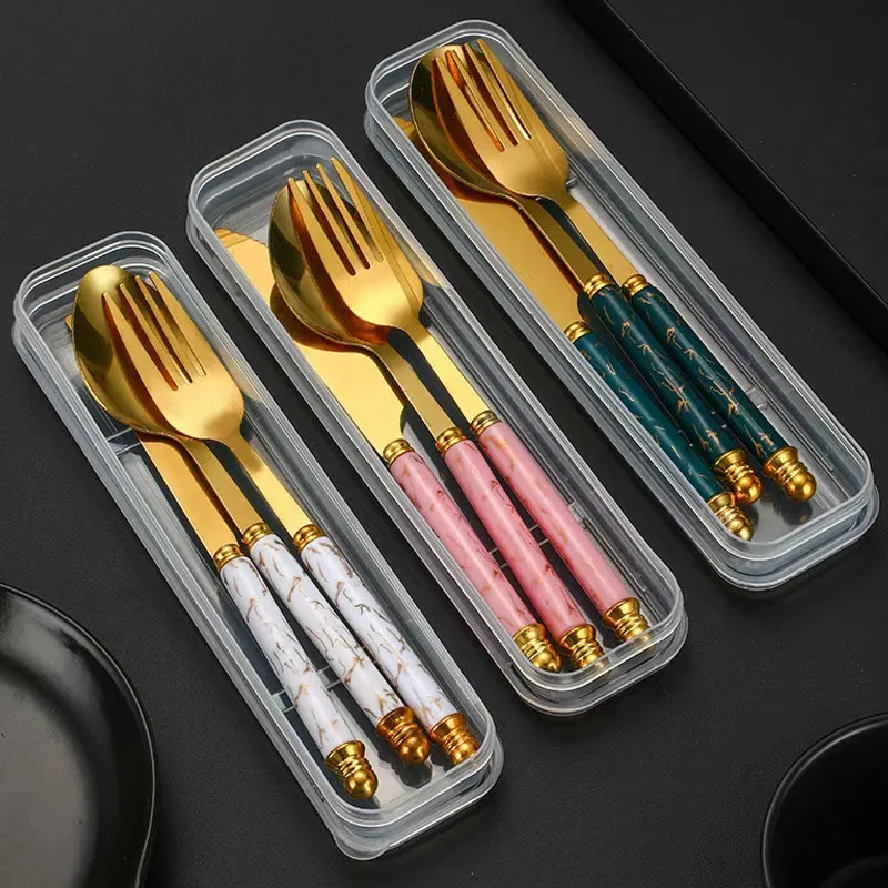 3Pcs Stainless Steel Cutlery Set, Marble Pattern Knife Fork Spoon Western Tableware view 2