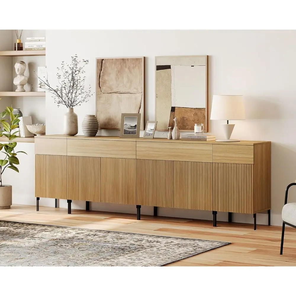 

94.5 Oak Sideboard Buffet Cabinet with 4 Drawers, 5 Doors, and Charging Station for Dining or Wine Bar