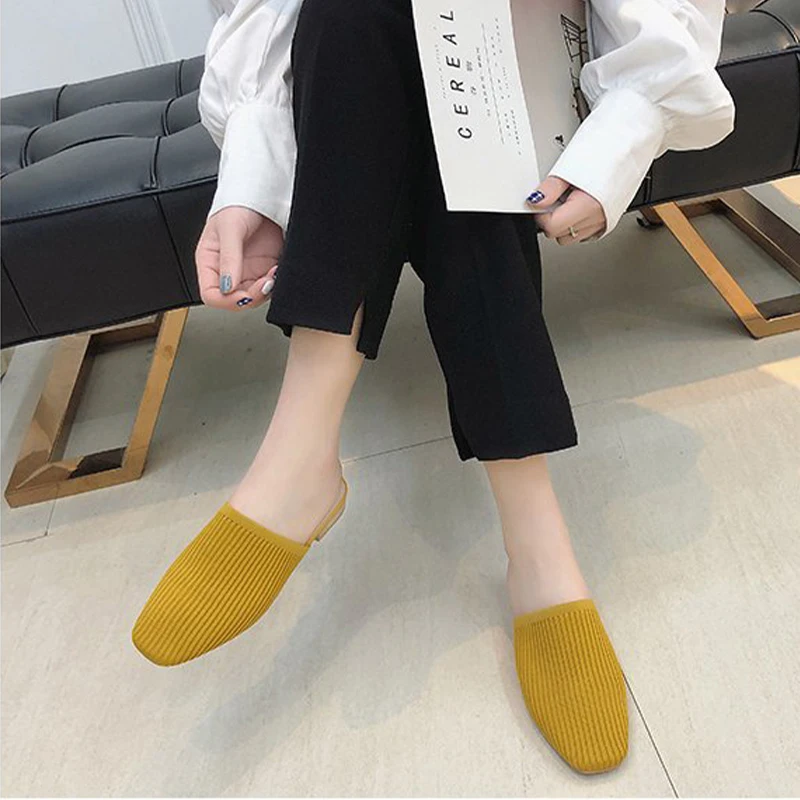 2022 Women Mules Slippers Female Summer Flats Sandals Knit Fabric Stretch Slides Holiday Beach Shoes Square Heel Square Toe Flat