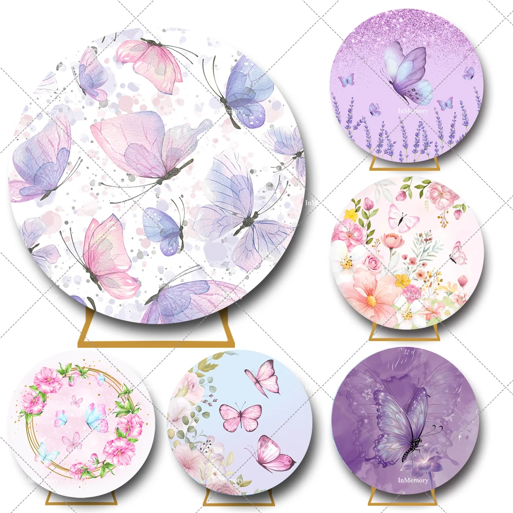 Girls Birthday Round Backdrop Cover Pink Purple Butterfly Flowers Party Decoration Baby Shower Backgrounds For Photo Studio