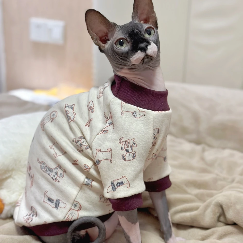 Fleece Coat for Sphynx Cat Clothes Winter Spring Long Sleeves soft Sweatshirt elestic For Devon Rex Cartoon T-shirt For Kittens