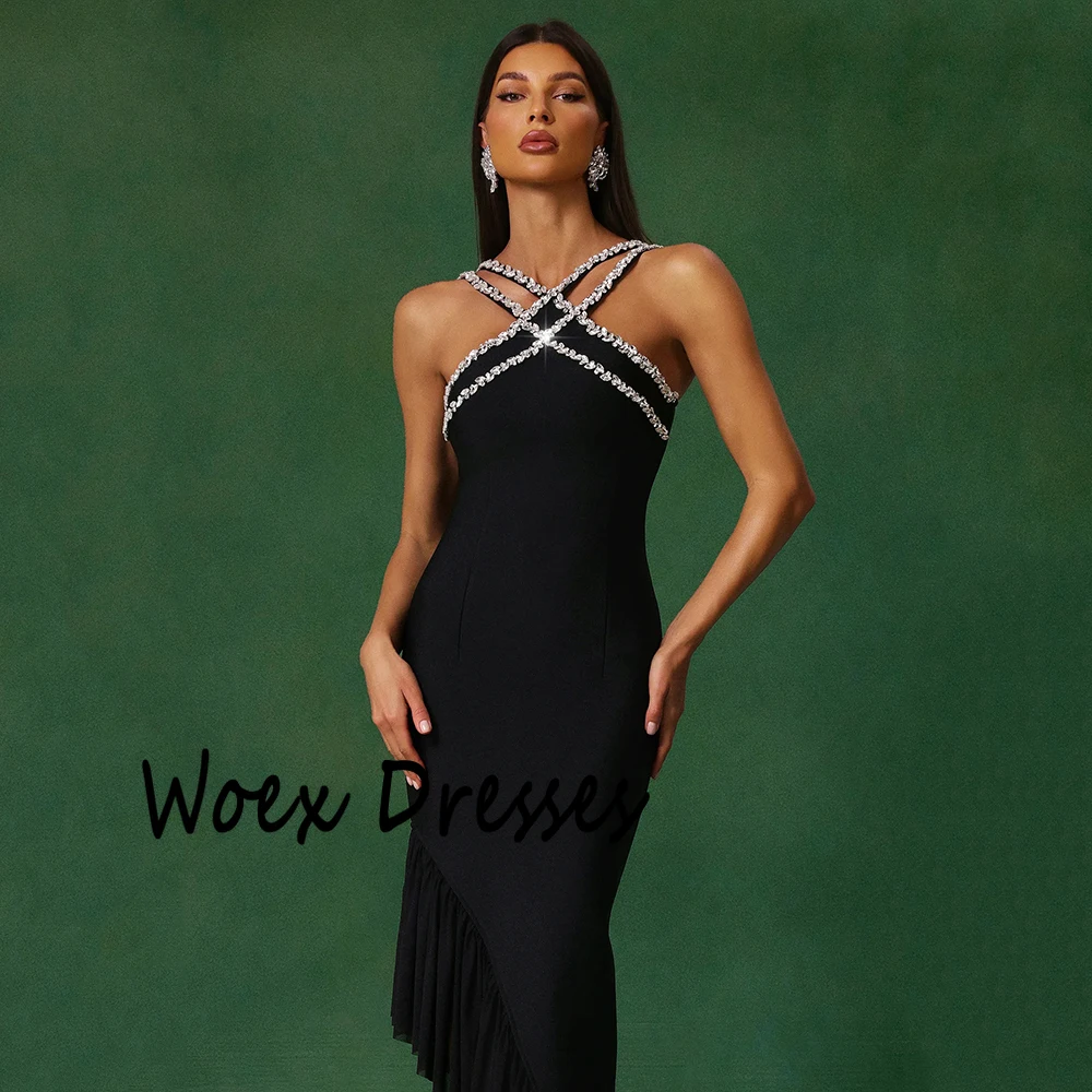 Customized Pure Color Simple Jersey Evening Dress Criss-Cross Sleeveless Party Dress Backless Tea-Length Prom Gown For Women