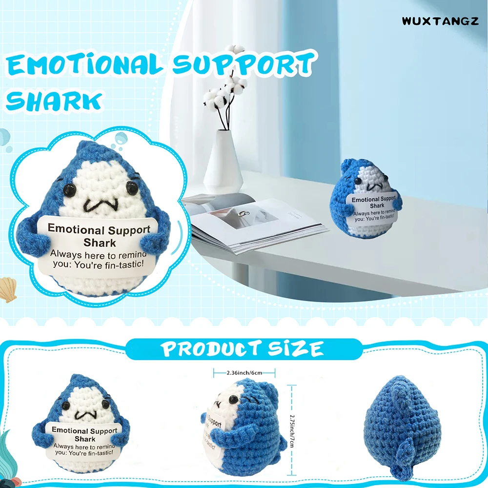 Latest Positive Crochet Animal Emotional Support Shark with Bowknot Funny Positive Gift For Shark Lovers Friend Family Women Men