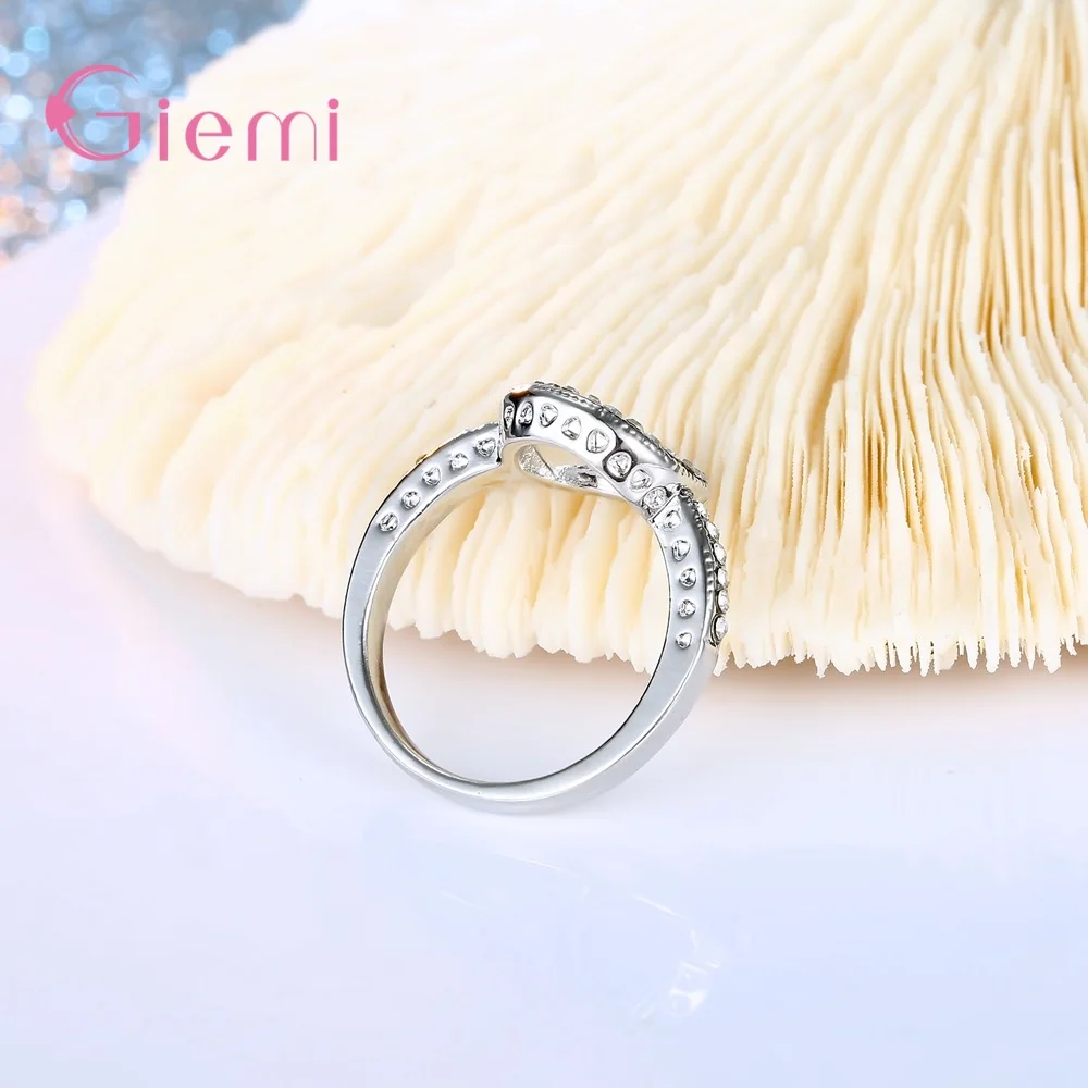Hollow Round Ring face 925 Silver Needle CZ Black White RhinestonesEngrave Heart Gift Ring for Female Jewelry