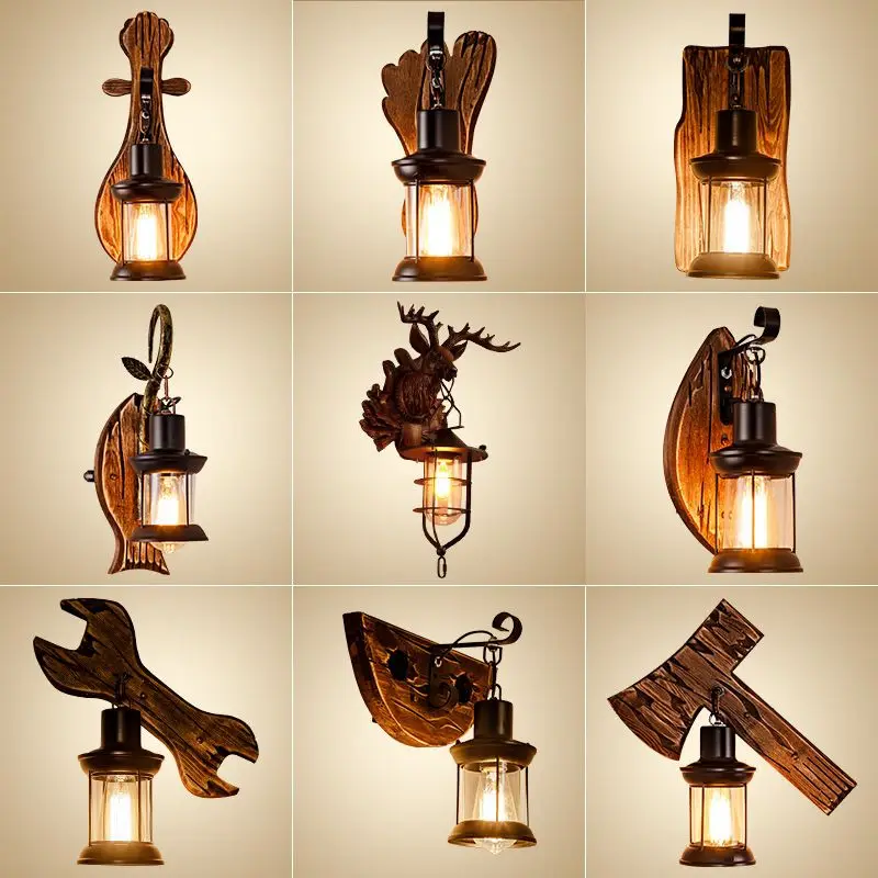 

Creative dining room wall lamp retro antique bar solid wood living room bedroom corridor stairs industrial wind decorative