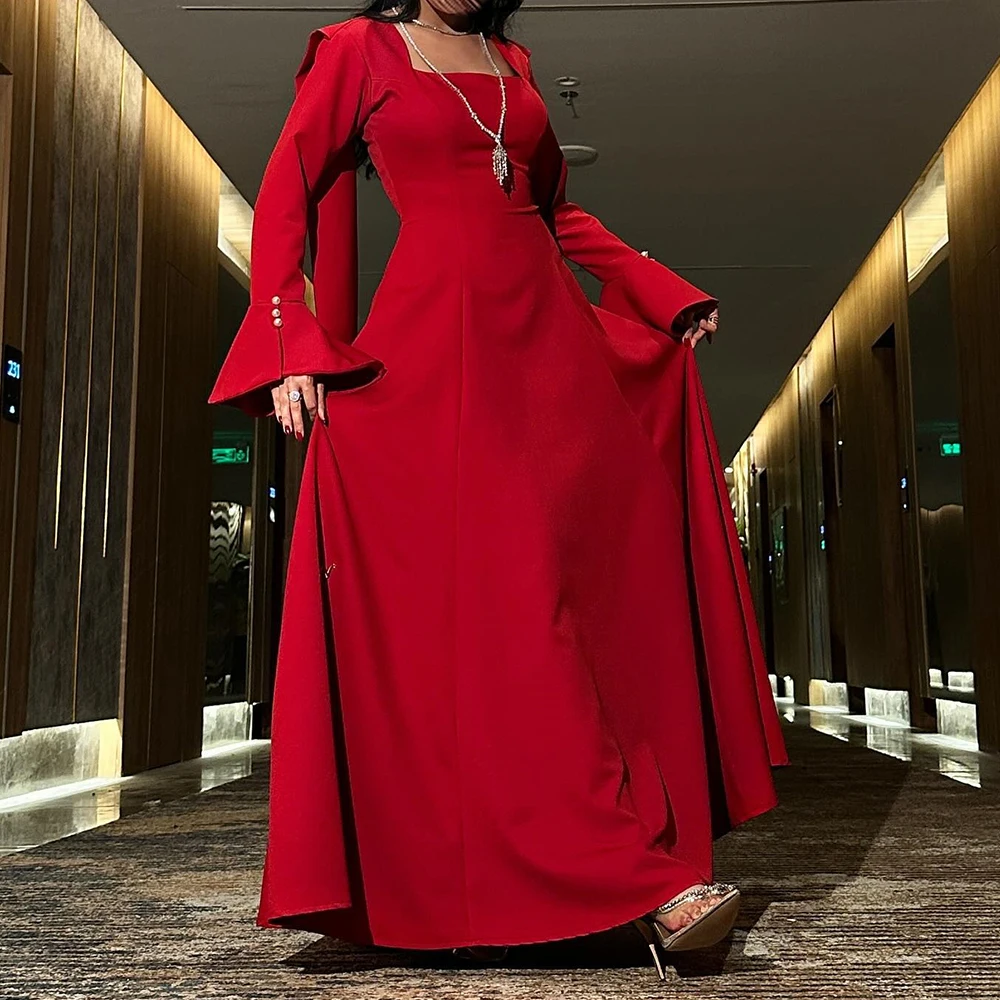 Dubai Evening Caftan Dress Square Neck Jersey Long Sleeves Straight Floor Length Pleats Solid Color Pearls Quinceanera Gowns