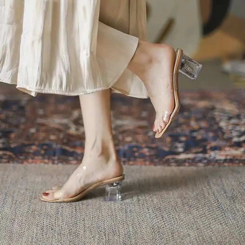 Large Size Transparent Square Head High Heels Women's Summer 2024 New Thick Heel Outdoor Slippers One-Strap Comfortable Shoes