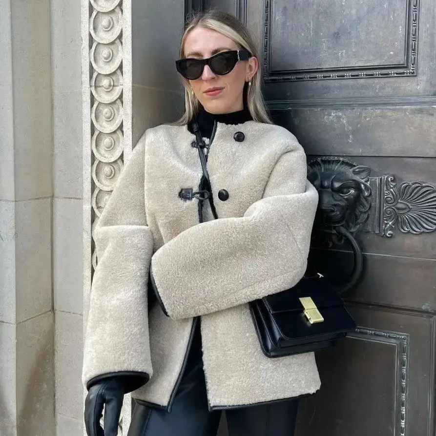 

Faionable женское круглое кожаное меховое пальто на одной пуговице Ne Pure Color, универсальное длинное зимнее пальто све