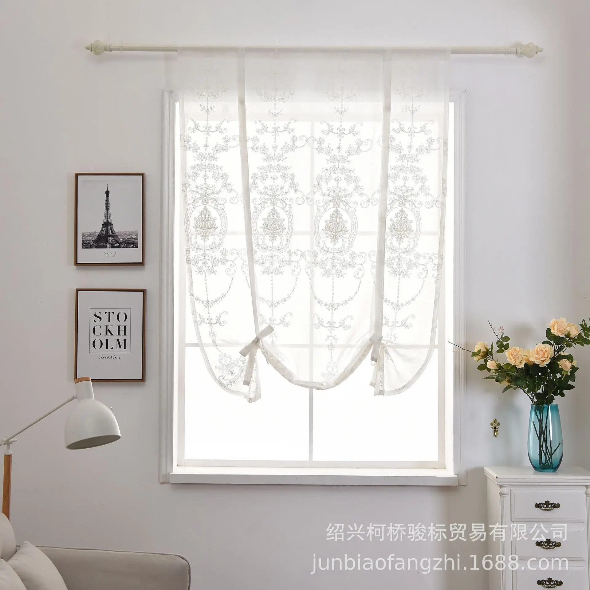 Lace Balloon Curtain White Tie-Up Curtains Embroidered Floral Tulle Semi Sheer Drape for Bedroom Dining Living Room Decor 1Panel