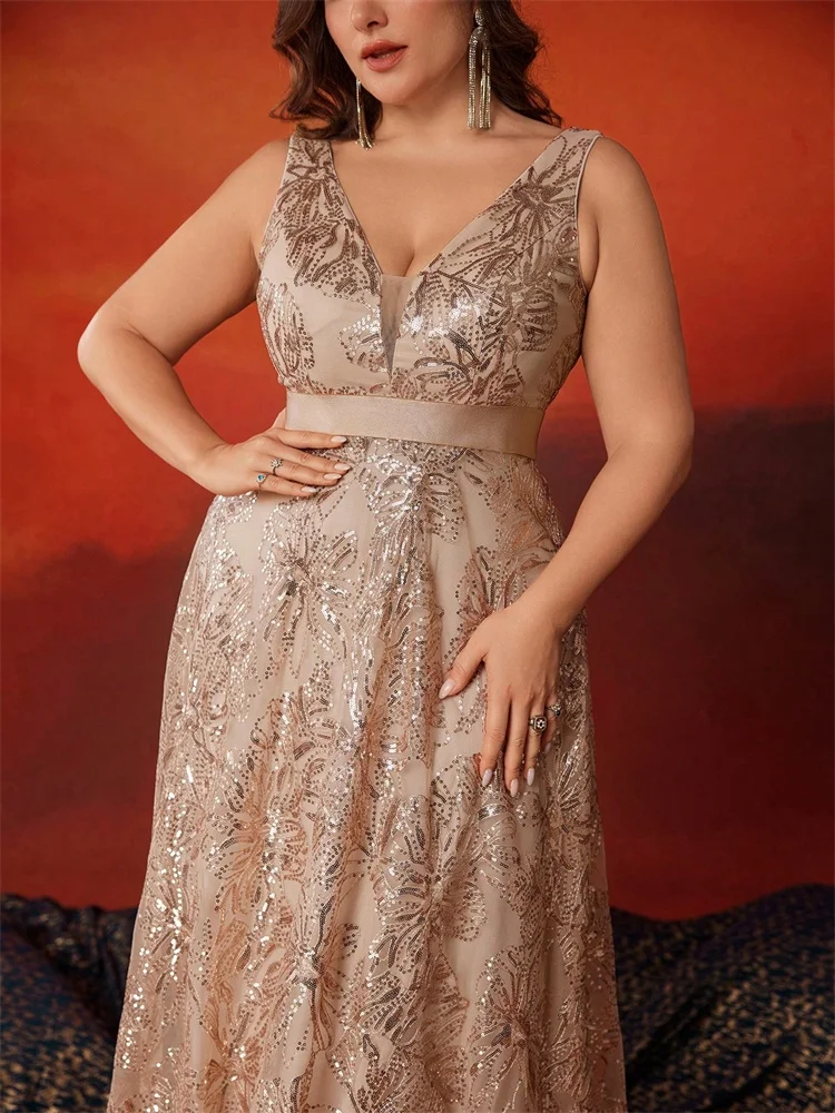 PLUS ขนาดหรูหราลึก V คอเลื่อมทองชุดราตรี A-Line 2025 ผู้หญิง Elegant V-Back งานแต่งงานชุดราตรียาวค็อกเทลชุด