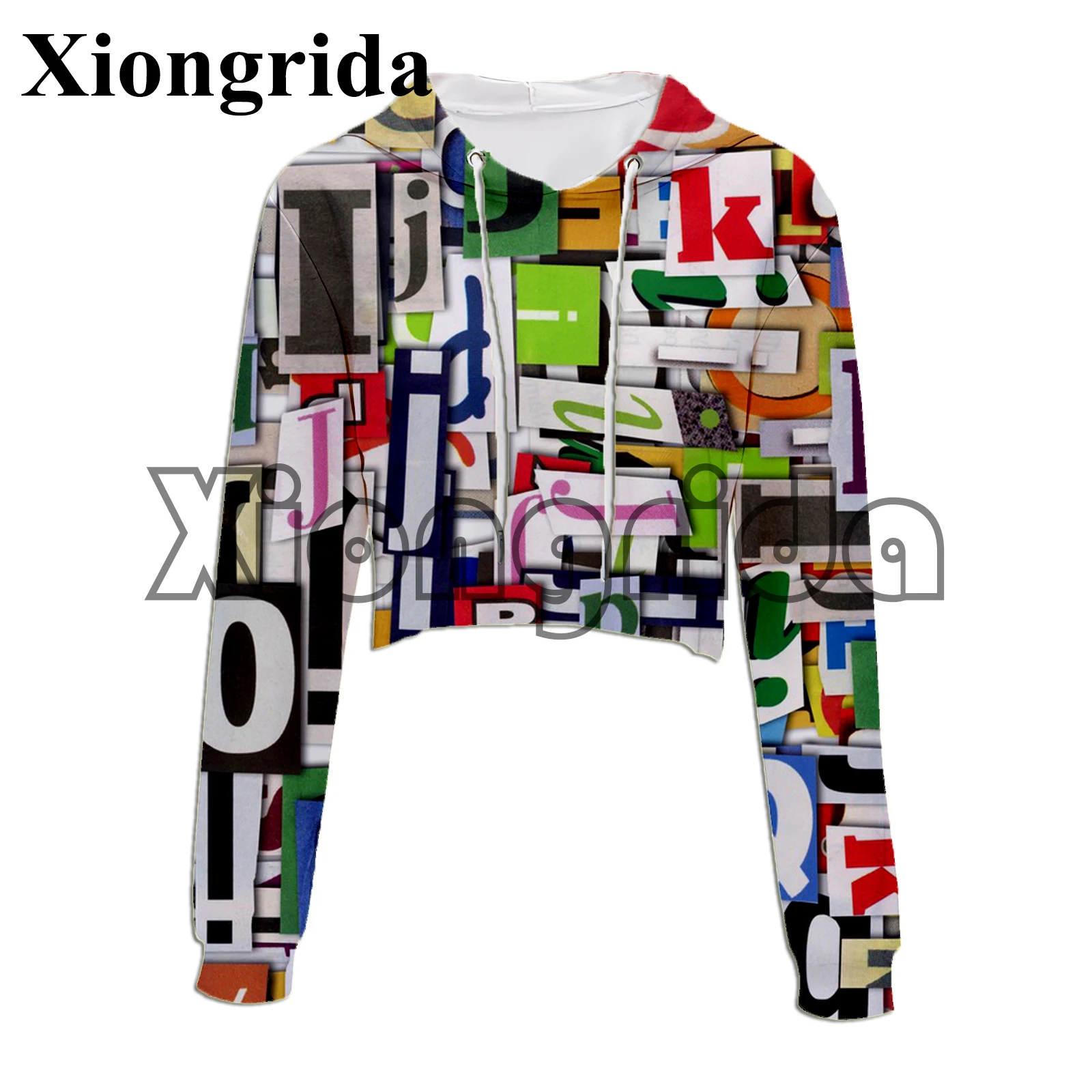 Novelty Newspaper Print Crop Top Hoodie Women Casual Long Sleeve Hooded Short Sweatshirt Sexy Crop Sweaters Y2K Hooded Pullover