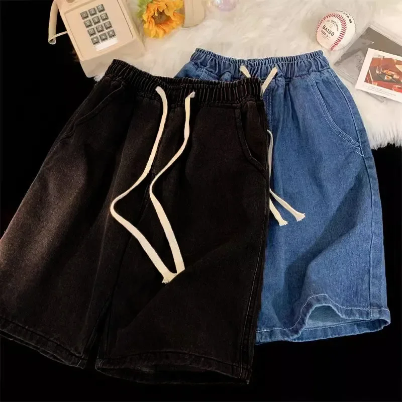 2025 New Korean Style Vintage Men's Jeans Summer Loose Male Wide Leg Knee Length Shorts New Washed Fashion Short Denim Pants