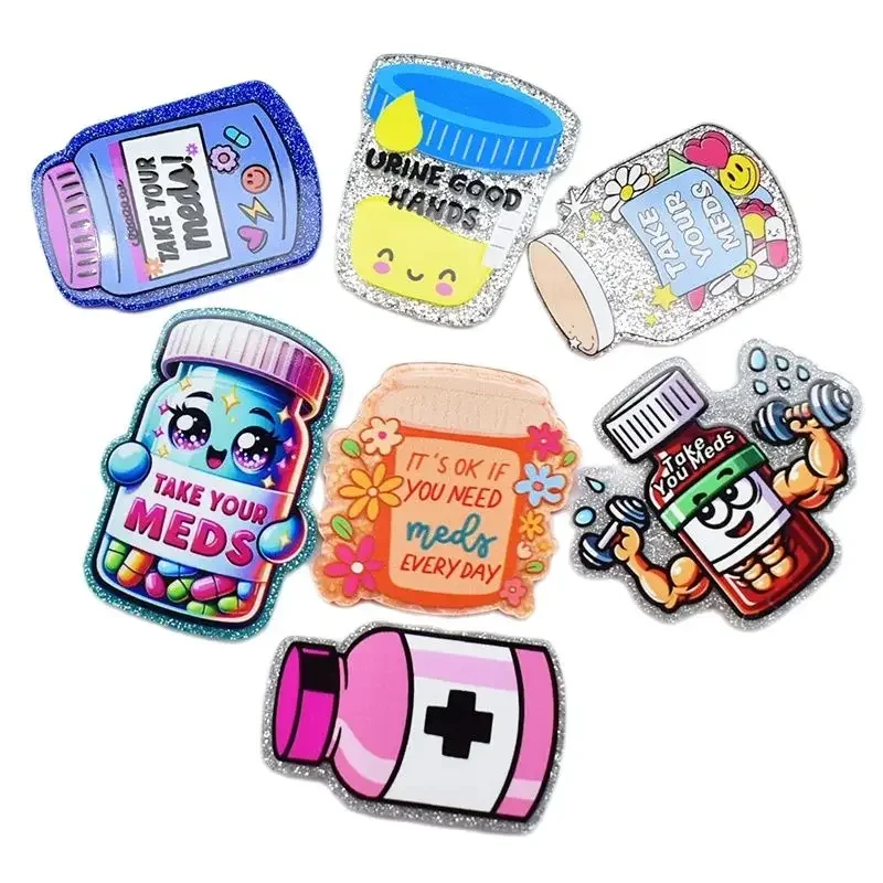 1PC Glitter Acrylic Medicine Meds Bottle Charms Fit DIY ID Card Badge Holder Jewelry Making