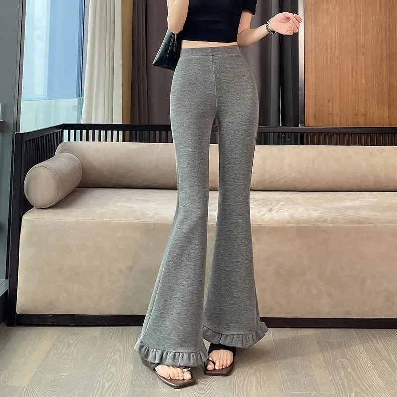 High Waist Elastic Casual Pants Flared Legs Embellished with Lace Black Ear Leaf Flower  Women's Autumn New Style Slimmin...