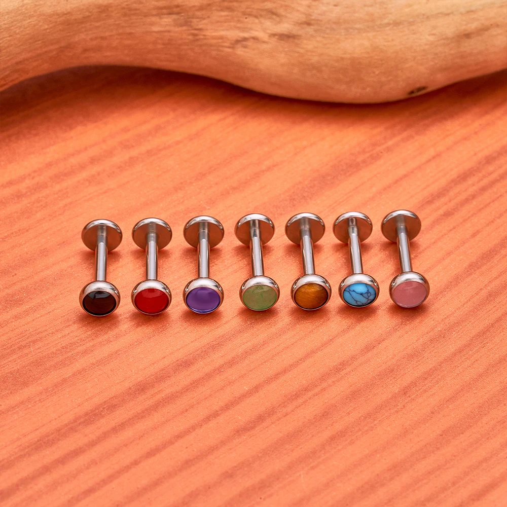 10Pcs G23 Titanium Circular Ear Lip Studs with Natural Stone Top Labret Tongue Nose Stud Earrings Body Piercing Jewelry