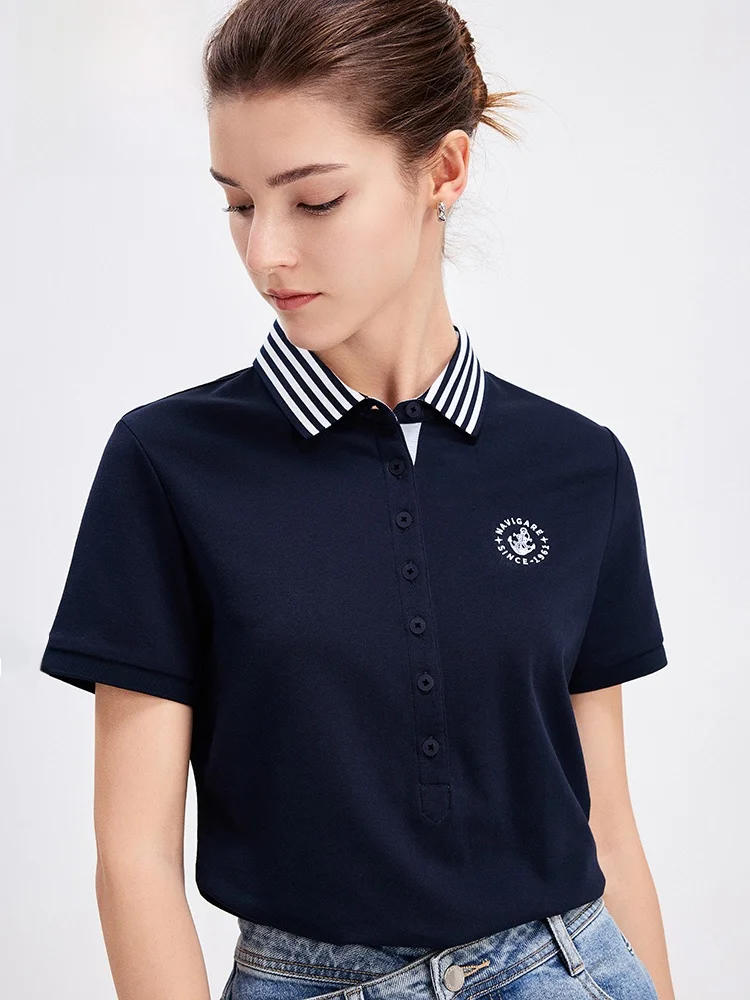 

Женская футболка Navigare Slim Fit с коротким рукавом, повседневная, с отложным воротником, летняя новинка, из смесового хлопка и полиэстера
