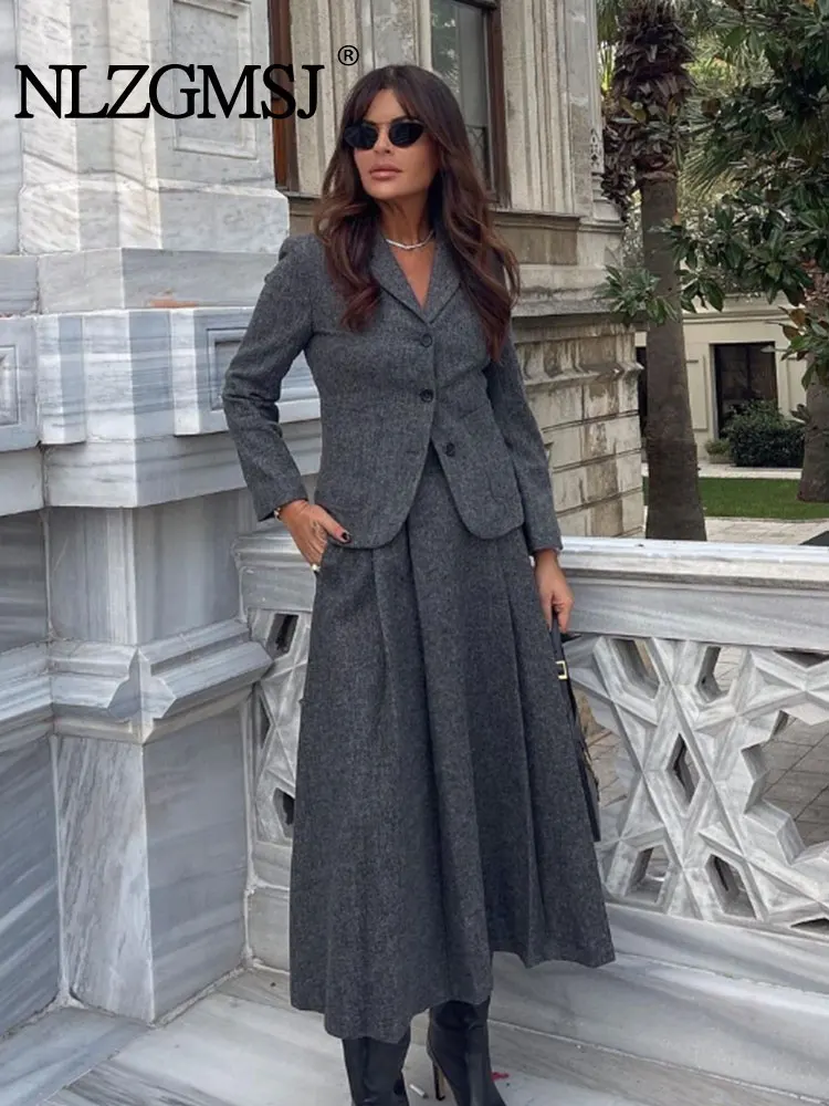 

TRAF 2024 Autumn Winter Elegant Women Wool Slim Blazer Maxi Skirt Suits Long Sleeve Office Jacket Female Coat 2 Piece Sets