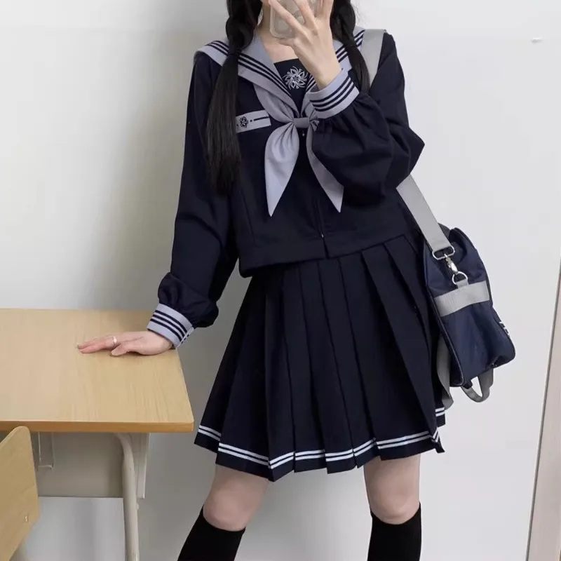 2024 New Japanese JK Uniform Preppy Style Sailor Suit Sweet Blue Long Short Sleeves Top Cinched Waist Pleated Skirt Set For Girl