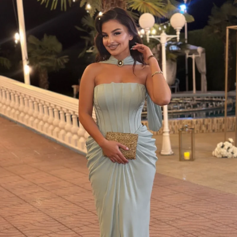 แฟชั่นฤดูร้อนจีบชุดยาวผู้หญิงผ้าพันคอซาติน Strapless เอว Cinching Robes 2025 ใหม่ชุดราตรีหรูหรา