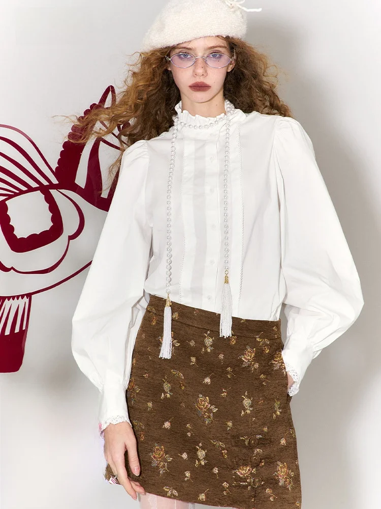

Ele White Lace Insert Women's irt Vintage Sle Straight Cut Long Sve Cotton Blend Inner Wear Layering Top