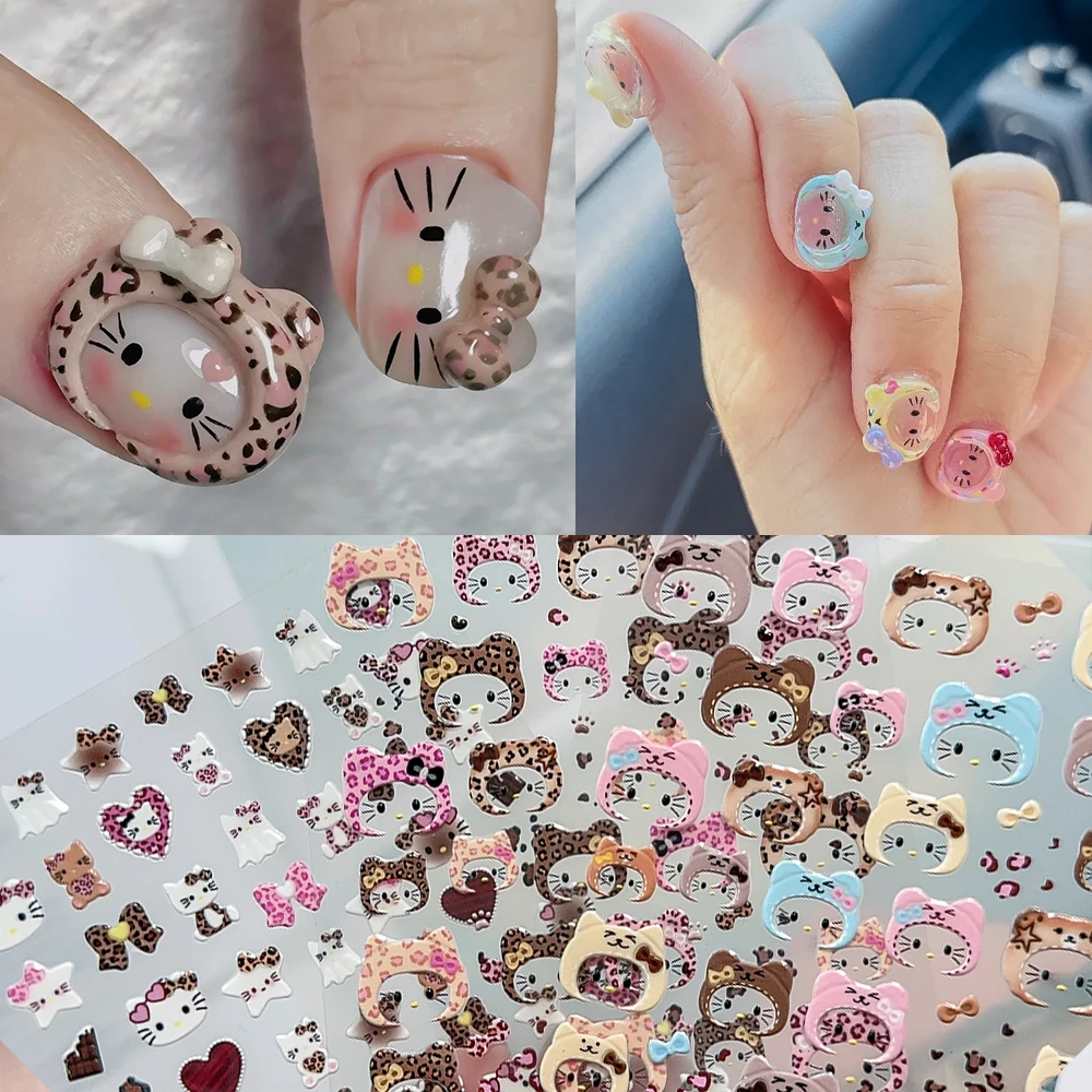 1/2/3 Uds. 5D estampado de leopardo Hello Kitty sombrero pegatinas para uñas leopardo Kitty cabeza tapa arco adhesivo calcomanías KT deslizadores decoración de uñas