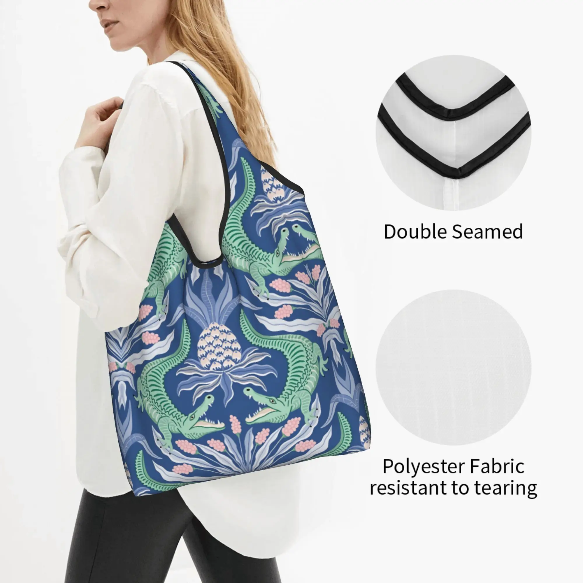 Crocodiles Green Pink Blue Grocery Shopping Tote Bags Cute Alligators Animal Reptile  Shopper Shoulder Bags Big Capacity Handbag