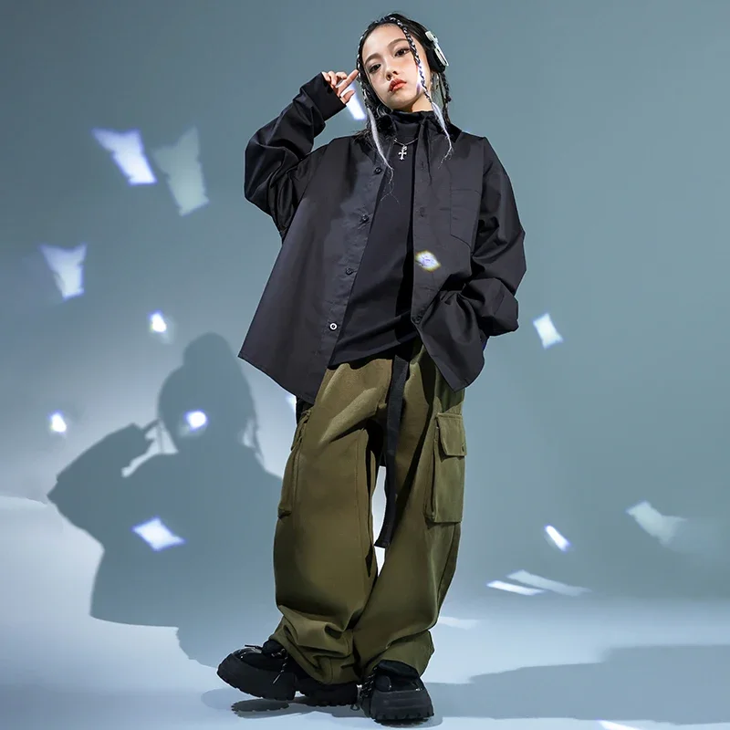 Kinder Hip Hop Kleidung Schwarze Jacke Mantel Casual Street Strap Cargo Hosen für Mädchen Junge Jazz Dance Kostüm Teenager Kpop Kleidung