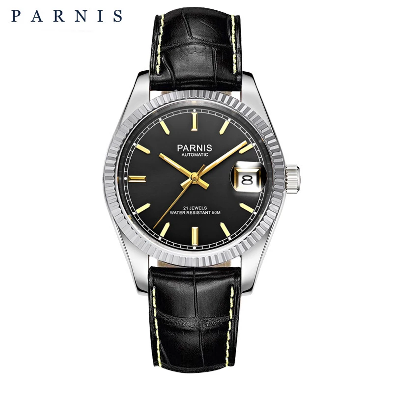 Imagem -02 - Parnis 36 mm Prata Ouro dos Homens Relógios de Cristal Safira 21 Jóias Miyota Movimento Automático Mecânico Masculino Relógio Pulso