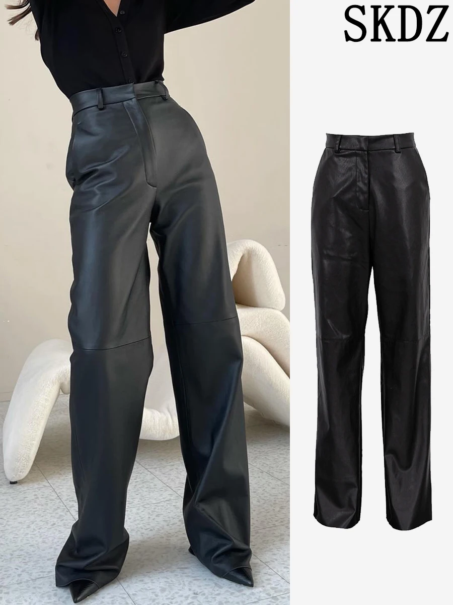 Solid Color Slim Fit PU Pants 2023 Summer New Casual Women\'s High Waist and Hip Lift Straight Leather Pants