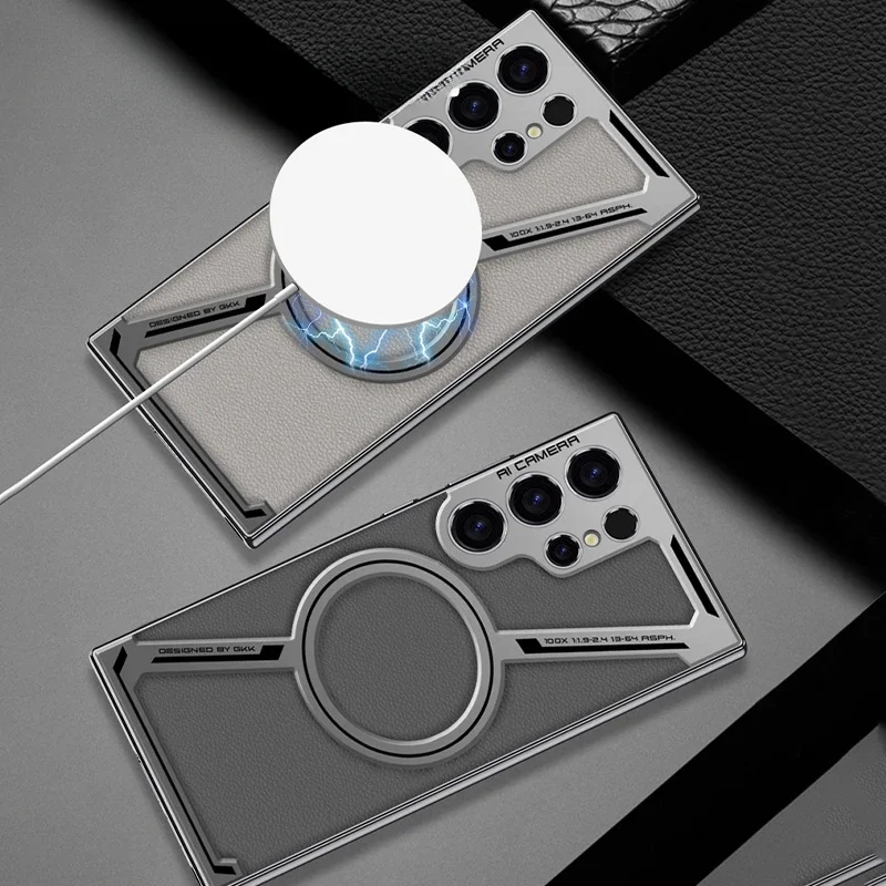 Electroplated Leather for Wireless Charging Magnetic Phone Case for Samsung Galaxy S25 S24 S23 Ultra Protective Back Cover